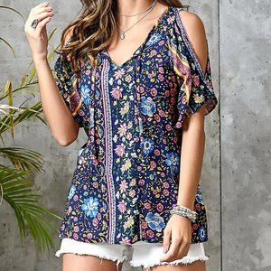 Reborn Collection Floral Open Shoulder Top  - 1X  (See Description About Sizing)